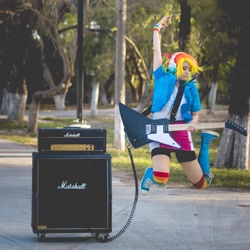 Size: 1080x1080 | Tagged: safe, rainbow dash, human, equestria girls, g4, amp, clothes, converse, cosplay, costume, electric guitar, guitar, guitar amp, guitar cabinet, headphones, irl, irl human, marshall, multicolored hair, musical instrument, photo, rainbow hair, shoes, sneakers