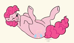 Size: 1888x1096 | Tagged: safe, artist:immunefox, pinkie pie, earth pony, pony, g4, digital art, doodle, featureless crotch, legs in air, looking at you, lying down, on back, playful