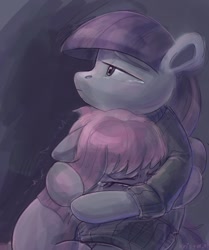 Size: 945x1133 | Tagged: safe, artist:krista-21, maud pie, pinkie pie, earth pony, pony, g4, comforting, crying, duo, duo female, emotional, female, floppy ears, hug, looking away, looking up, mare, pinkamena diane pie, sad, siblings, sisters, sitting, teary eyes