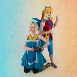 Size: 1080x1080 | Tagged: safe, applejack, rainbow dash, human, equestria girls, g4, clothes, cosplay, costume, crystal guardian, duo, irl, irl human, photo, ponied up