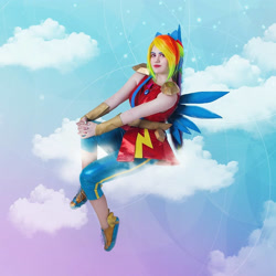 Size: 2159x2159 | Tagged: safe, rainbow dash, human, equestria girls, g4, clothes, cloud, cosplay, costume, crystal guardian, high res, irl, irl human, photo, ponied up, solo