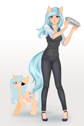 Size: 2000x3000 | Tagged: safe, artist:slh, oc, human, unicorn, bartender, blue hair, clothes, full body, high heels, high res, humanized, shirt, shoes, simple background, solo, white background
