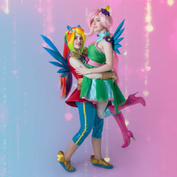 Size: 2159x2159 | Tagged: safe, fluttershy, rainbow dash, human, equestria girls, g4, boots, clothes, cosplay, costume, crystal guardian, duo, high heel boots, high res, irl, irl human, photo, ponied up, shoes
