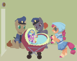 Size: 1000x796 | Tagged: safe, artist:gor1ck, pipp petals, sunny starscout, oc, earth pony, pegasus, pony, g5, angry, baby carriage, disguise, female, male, mare, pipp is short, pipp petals is not amused, police officer, stallion, stroller, unamused