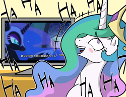 Size: 5104x3944 | Tagged: safe, artist:doktor-d, screencap, nightmare moon, princess celestia, alicorn, pony, g4, absurd resolution, blushing, crown, discovery family, discovery family logo, emanata, female, horn, japanese, jewelry, laughing, logo, mare, open mouth, regalia, shrunken pupils, television, translation request