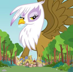 Size: 1280x1262 | Tagged: safe, artist:boneswolbach, artist:cloudy glow, artist:thegiantponyfan, gilda, griffon, g4, female, giant griffon, giantess, houses, looking at you, macro, mega giant, mega gilda, mountain, ponyville, solo, spread wings, tree, wings