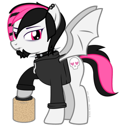 Size: 924x960 | Tagged: safe, artist:hazel bloons, oc, oc only, oc:s0fty_1cy, bat pony, maggot, pony, 2022, black hoodie, black mane, black tail, clothes, collar, ear piercing, eyebrows, eyes open, eyeshadow, facial hair, goatee, goth, heart eyes, hoodie, jar, lip piercing, looking at you, makeup, multicolored hair, no pants, nonbinary, piercing, pink eyes, pink mane, pink tail, raccoon stripes, raised eyebrow, raised leg, simple background, skull, snake bites, solo, spiked collar, spread wings, tail, transparent background, white coat, wingding eyes, wings
