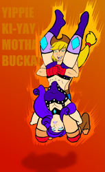 Size: 2667x4344 | Tagged: safe, artist:razmere, applejack, rarity, human, g4, applejacked, boots, clothes, commission, die hard, duo, gloves, humanized, muscles, pile driver, ripped rarity, shoes, sports, text, this will end in pain, wrestling