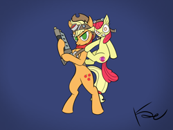 Size: 1600x1200 | Tagged: safe, artist:inkshowdude, apple bloom, applejack, earth pony, pony, g4, bipedal, female, filly, foal, gun, jak and daxter, mare, weapon