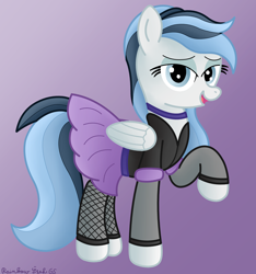 Size: 2592x2772 | Tagged: safe, artist:rainbowšpekgs, oc, oc only, oc:haze northfleet, pegasus, pony, bedroom eyes, clothes, cute, dress, female, fishnet stockings, folded wings, full body, gradient background, high res, mare, open mouth, open smile, pegasus oc, raised hoof, sexy, signature, skirt, smiling, socks, solo, standing, stockings, tail, thigh highs, wings