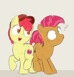 Size: 951x988 | Tagged: safe, artist:dtcx97, apple bloom, babs seed, earth pony, pony, adorabloom, alternate hairstyle, baseball cap, beige background, butt bump, cap, cute, exclamation point, female, filly, foal, freckles, hat, simple background, surprised, tomboy