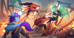 Size: 4140x2160 | Tagged: safe, artist:strafe blitz, oc, oc only, alicorn, dragon, pegasus, pony, wyvern, armor, clothes, colored belly, fire, folded wings, house, pale belly, slender, spread wings, thin, wagon, wings