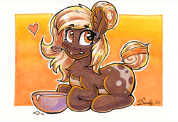 Size: 2352x1622 | Tagged: safe, artist:dandy, oc, oc only, oc:sweet marble, earth pony, pony, :3, ;p, batter, bowl, chest fluff, copic, ear fluff, earth pony oc, female, floating heart, food, hair bun, heart, heart eyes, looking at you, marker drawing, markings, one eye closed, pale belly, smiling, solo, tail, tail bun, tongue out, traditional art, whisk, wingding eyes