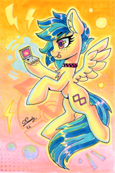 Size: 1791x2688 | Tagged: safe, artist:dandy, oc, oc only, oc:koa, pegasus, pony, :3, abstract background, chest fluff, choker, copic, ear fluff, female, flying, game boy, heart, looking at you, mare, marker drawing, pegasus oc, pokémon, signature, smiling, solo, tongue out, traditional art