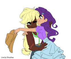 Size: 2300x1900 | Tagged: safe, artist:icicle-niceicle-1517, artist:shooshaa, color edit, edit, applejack, rarity, human, g4, alternate hairstyle, applejack's hat, belt, clothes, coat, collaboration, colored, cowboy hat, dark skin, duo, female, hat, hug, humanized, interracial, lesbian, one eye closed, ship:rarijack, shipping, shirt, simple background, skirt, t-shirt, transparent background, wink
