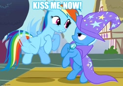 Size: 714x500 | Tagged: safe, edit, edited screencap, screencap, rainbow dash, trixie, pegasus, pony, unicorn, boast busters, g4, season 1, cape, caption, clothes, duo, duo female, female, flapping wings, flying, frown, hat, image macro, lesbian, looking at each other, looking at someone, mare, shipping, teeth, text, trixdash, trixie's cape, trixie's hat, wings