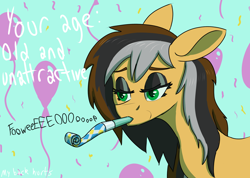 Size: 2390x1705 | Tagged: safe, artist:sufficient, oc, oc only, oc:steaming stove, pony, balloon, birthday, depressed, mascara, old, party horn, solo