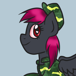 Size: 1000x1000 | Tagged: safe, artist:wrath-marionphauna, derpibooru exclusive, oc, oc only, oc:mate, pegasus, pony, clothes, digital art, hat, heart eyes, looking at you, military uniform, red eyes, smiling, smiling at you, solo, uniform, wingding eyes