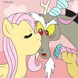 Size: 2000x2000 | Tagged: safe, artist:wrath-marionphauna, derpibooru exclusive, discord, fluttershy, draconequus, pegasus, pony, blushing, bouquet of flowers, couple, discoshy, duo, eyes closed, female, flower, frown, high res, kissing, male, mare, nose kiss, open mouth, shipping, signature, straight
