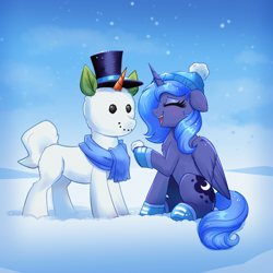 Size: 4000x4000 | Tagged: safe, artist:confetticakez, princess luna, alicorn, pony, g4, booties, chest fluff, clothes, cute, eyes closed, floppy ears, happy, hat, lunabetes, open mouth, open smile, s1 luna, scarf, smiling, snow, snowfall, snowmare, snowpony, solo, top hat, winter