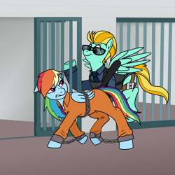 Size: 3600x3600 | Tagged: safe, artist:pony quarantine, lightning dust, rainbow dash, pegasus, pony, g4, cell, clothes, commission, cuffed, cuffs, duo, gritted teeth, grumpy, high res, jail, jail cell, never doubt rainbowdash69's involvement, nightstick, officer ld, police uniform, prison, prison outfit, prisoner rd, shackles, shirt, smiling, smirk, smug, sunglasses, undershirt