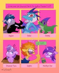 Size: 1200x1488 | Tagged: safe, artist:opossum-stuff, amethyst star, diamond tiara, gummy, pony of shadows, princess ember, sparkler, spitfire, stygian, alligator, dragon, earth pony, pegasus, pony, unicorn, g4, :p, cardboard box, cross-popping veins, cute, dragoness, female, food, gummybetes, male, mare, peanut butter, six fanarts, speech bubble, stallion, sweat, sweatdrop, tongue out