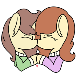 Size: 3000x3000 | Tagged: safe, artist:hymyt2, oc, oc:flani bainilye, oc:hymyt, pony, unicorn, clothes, female, heart, high res, kissing, lesbian, simple background, sweater, transparent background