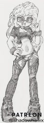 Size: 828x2297 | Tagged: safe, artist:shadowhawx, sunset shimmer, equestria girls, g4, belly button, chaps, choker, clothes, devil horn (gesture), jacket, leather jacket, midriff, monochrome, smiling, solo, sunglasses, tongue out, traditional art