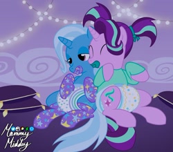 Size: 900x792 | Tagged: safe, artist:mommymidday, starlight glimmer, trixie, pony, unicorn, abdl, adult foal, bedroom, clothes, cuddling, cuddling in bed, dark room, diaper, diaper fetish, duo, duo female, fairy lights, female, fetish, lesbian, mare, non-baby in diaper, pacifier, pigtails, pillow, poofy diaper, relaxed, relaxing, shipping, shirt, show accurate, signature, sitting, socks, startrix