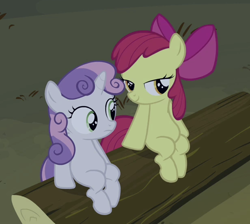 Size: 616x551 | Tagged: safe, screencap, apple bloom, sweetie belle, earth pony, pony, unicorn, g4, sleepless in ponyville, cropped, duo, duo female, female, filly, foal, lidded eyes, log, no neck, scary, sitting