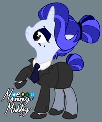 Size: 754x900 | Tagged: safe, artist:mommymidday, oc, oc only, oc:madame cobalt, unnamed oc, pony, unicorn, beauty mark, clothes, eyeshadow, female, hair bun, makeup, mare, necktie, raised hoof, raised nose, shoes, show accurate, signature, simple background, snooty, solo, suit, tail, tail bun, tights, two toned mane