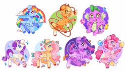 Size: 4096x2303 | Tagged: safe, artist:cocopudu, applejack, fluttershy, pinkie pie, rainbow dash, rarity, spike, twilight sparkle, alicorn, dragon, earth pony, pegasus, pony, unicorn, g4, all in one, balloon, chest fluff, cloven hooves, female, gem, glasses, lasso, male, mane seven, mane six, mare, multicolored hooves, rainbow, rope, simple background, twilight sparkle (alicorn), white background, white pupils, winged spike, wings