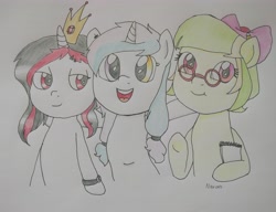 Size: 3594x2757 | Tagged: safe, artist:wrath-marionphauna, oc, oc only, oc:aguamelon, oc:luz, oc:rol fanatic, pony, unicorn, bow, crown, glasses, hair bow, high res, jewelry, notebook, pigtails, ponylatino, smiling, traditional art, trio, twintails