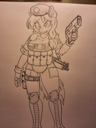 Size: 3000x4000 | Tagged: safe, artist:fuuby, oc, oc:specter ace, bat pony, anthro, armor, beret, boots, braided ponytail, clothes, female, fingerless gloves, gloves, gun, handgun, hat, night guard, rolled up sleeves, shoes, traditional art, weapon