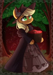 Size: 1448x2048 | Tagged: safe, artist:sakukitty, part of a set, applejack, earth pony, semi-anthro, g4, apple, apple basket, arm hooves, basket, clothes, dress, food, hat, solo