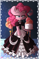 Size: 1200x1800 | Tagged: safe, artist:sakukitty, part of a set, pinkie pie, earth pony, semi-anthro, g4, arm hooves, balloon, cake, clothes, dress, food, solo