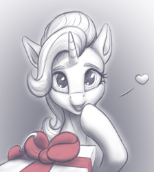Size: 995x1112 | Tagged: safe, artist:rnghat, starlight glimmer, pony, unicorn, g4, cute, glimmerbetes, heart, holiday, monochrome, offscreen character, pov, present, solo, valentine's day