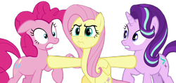 Size: 1280x605 | Tagged: safe, edit, edited screencap, editor:twilyisbestpone, screencap, fluttershy, pinkie pie, starlight glimmer, pegasus, pony, g4, the mean 6, background removed, crying, female, mare, not a vector, raised hoof, simple background, teary eyes, transparent background, trio