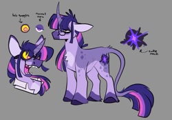 Size: 1145x799 | Tagged: safe, artist:rockin_candies, twilight sparkle, pony, unicorn, g4, alternate cutie mark, alternate design, clothes, curved horn, female, glasses, goggles, gray background, grin, horn, lab coat, leonine tail, open mouth, reference sheet, sharp teeth, simple background, smiling, solo, tail, teeth