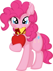 Size: 5560x7508 | Tagged: safe, artist:cyanlightning, pinkie pie, earth pony, pony, g4, .svg available, absurd resolution, chocolate, female, food, heart, heart pillow, looking at you, mare, mouth hold, pillow, simple background, smiling, solo, transparent background, vector
