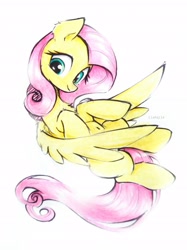 Size: 2356x3152 | Tagged: safe, artist:liaaqila, fluttershy, pegasus, pony, g4, belly button, cute, female, flying, head tilt, high res, looking down, mare, shyabetes, simple background, smiling, solo, spread wings, traditional art, white background, wings