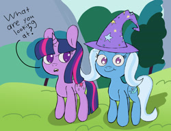 Size: 2358x1806 | Tagged: safe, artist:botckap, trixie, twilight sparkle, pony, unicorn, g4, breaking the fourth wall, duo, female, hat, looking at you, simple background, text, unicorn twilight