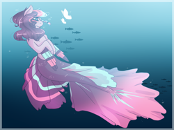 Size: 1024x768 | Tagged: safe, artist:ethmoids, oc, oc only, fish, merpony, blue background, blushing, bubble, crepuscular rays, dorsal fin, female, fins, fish tail, flowing mane, flowing tail, mare, mermaid tail, ocean, simple background, smiling, solo, sunlight, swimming, tail, underwater, water