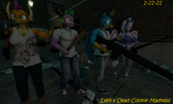 Size: 1176x706 | Tagged: safe, artist:robertwtf, gallus, silverstream, smolder, spike, classical hippogriff, dragon, griffon, hippogriff, undead, zombie, anthro, 28 pranks later, g4, 3d, assault rifle, baseball bat, big breasts, breasts, city, dark, dragoness, dragunov, female, gun, holding hands, hunter, left 4 dead, lizard breasts, m4a1, male, nexgen, rifle, scared, shotgun, small breasts, sniper rifle, source filmmaker, that griffon sure does love weapons, weapon