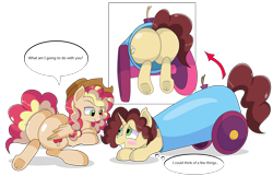 Size: 8700x5600 | Tagged: safe, artist:rainbowtashie, oc, oc only, oc:king calm merriment, oc:queen motherly morning, alicorn, pony, absurd resolution, alicorn oc, alicorn princess, blushing, butt, commissioner:bigonionbean, cowboy hat, cute, dialogue, female, flank, fusion, fusion:applejack, fusion:cheese sandwich, fusion:donut joe, fusion:fancypants, fusion:pinkie pie, fusion:rainbow dash, fusion:soarin', fusion:sunset shimmer, hat, horn, huge butt, large butt, male, mare, party cannon, plot, romantic, royalty, simple background, stallion, stetson, the ass was fat, transparent background, wings, writer:bigonionbean
