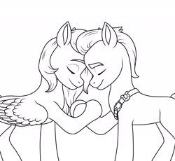 Size: 2049x1888 | Tagged: safe, artist:dancingkinfiend, sprout cloverleaf, oc, alicorn, earth pony, pony, g5, my little pony: a new generation, belt, black and white, eyes closed, female, grayscale, half body, happy, hug, in love, lidded eyes, lifted leg, lineart, love, male, mare, monochrome, raised hoof, shipping, simple background, sketch, smiling, stallion, straight, wings