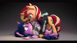 Size: 9600x5400 | Tagged: safe, artist:imafutureguitarhero, sci-twi, sunset shimmer, twilight sparkle, alicorn, pony, unicorn, art pack:hearts and lewds, g4, 3d, :p, absurd resolution, adidas, black bars, blushing, cheek fluff, chromatic aberration, clothes, colored eyebrows, colored eyelashes, cute, daaaaaaaaaaaw, dock, dork, duo, ear fluff, female, film grain, fluffy, freckles, fur, glasses, hoodie, hoof fluff, horn, jacket, leg fluff, lesbian, letterboxing, looking at each other, looking at someone, mare, multicolored hair, multicolored tail, neck fluff, peppered bacon, pinned, pinned down, revamped ponies, sci-twilicorn, shimmerbetes, ship:sci-twishimmer, ship:sunsetsparkle, shipping, signature, smiling, smiling at each other, source filmmaker, tail, tongue out, twiabetes, twilight sparkle (alicorn), unshorn fetlocks, wall of tags, wings
