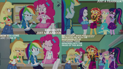 Size: 1280x720 | Tagged: safe, edit, edited screencap, editor:quoterific, screencap, applejack, fluttershy, pinkie pie, rainbow dash, rarity, sci-twi, sunset shimmer, twilight sparkle, human, equestria girls, equestria girls specials, g4, my little pony equestria girls: better together, my little pony equestria girls: forgotten friendship, applejack's hat, belt, bowtie, bracelet, chalkboard, clothes, cowboy hat, crossed arms, cutie mark on clothes, denim skirt, eyes closed, female, geode of empathy, geode of fauna, geode of shielding, geode of sugar bombs, geode of super speed, geode of super strength, geode of telekinesis, glasses, hairpin, hat, hoodie, humane five, humane seven, humane six, jacket, jewelry, leather, leather jacket, magical geodes, ponytail, rarity peplum dress, skirt, tank top