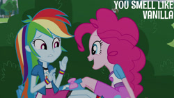 Size: 1280x720 | Tagged: safe, edit, edited screencap, editor:quoterific, screencap, pinkie pie, rainbow dash, equestria girls, g4, my little pony equestria girls: friendship games, pinkie spy (short), boots, clothes, cute, cutie mark on clothes, diapinkes, duo, duo female, female, open mouth, open smile, shoes, smell, smiling, socks