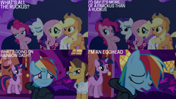 Size: 1280x720 | Tagged: safe, edit, edited screencap, editor:quoterific, screencap, applejack, doctor horse, doctor stable, fluttershy, pinkie pie, rainbow dash, rarity, twilight sparkle, earth pony, pegasus, pony, unicorn, g4, read it and weep, season 2, applejack's hat, cowboy hat, eyes closed, female, golden oaks library, hat, male, mane six, mare, open mouth, smiling, stallion, unicorn twilight